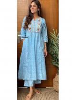 Pure Cotton Sky Blue Casual Wear Embroidery Work Kurti With Pant